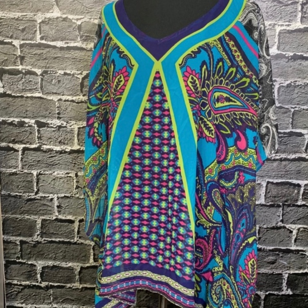 Chico's Poncho Style Chiffon Blouse Vibrant Sz S/M